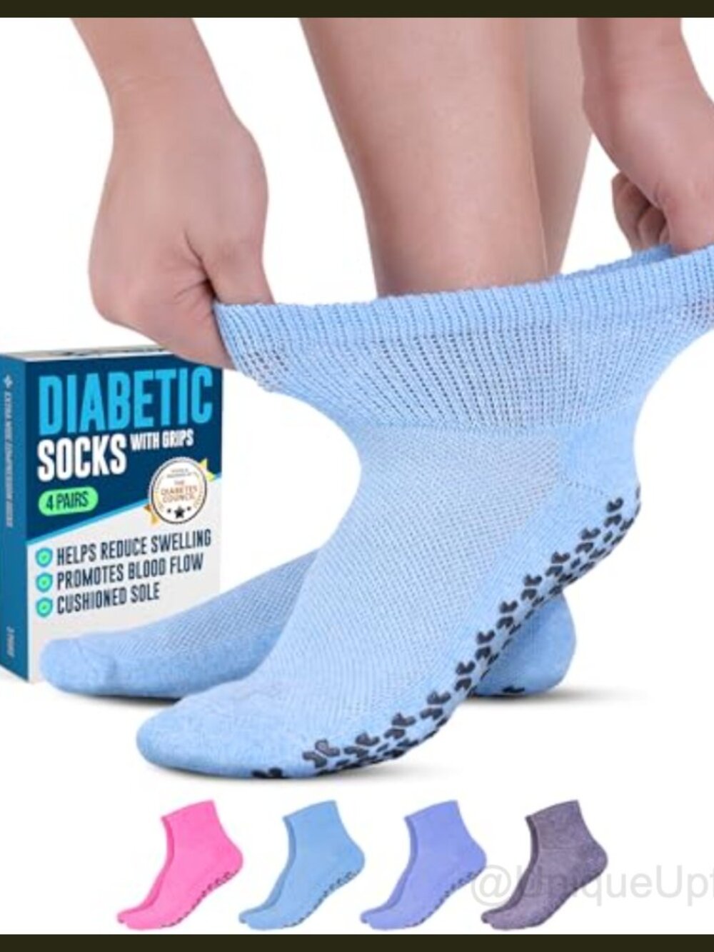 Diabetic Ankle Grip Socks with Non-Slip Rubber, 4 Pairs, Breathable Cushioned